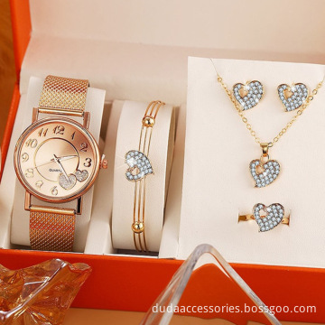 Jewelry  Women Watches Crystal Bracelet Stud Earring Necklace Set Quartz Wristwatch Set